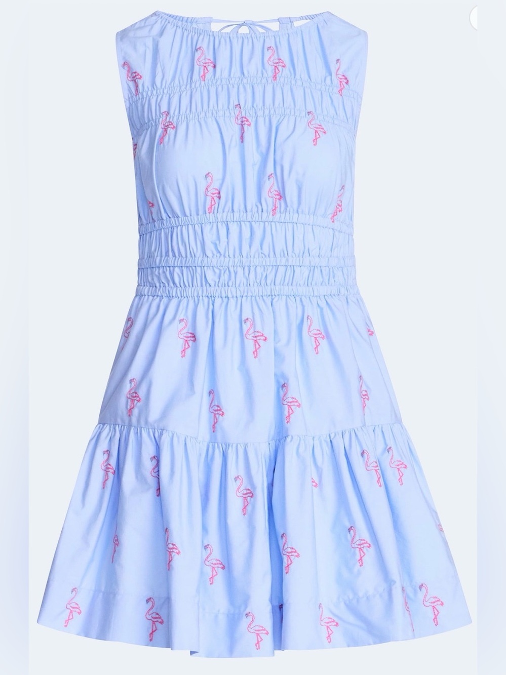 Light Blue Sleeveless Dress with Pink Flamingo Embroidery